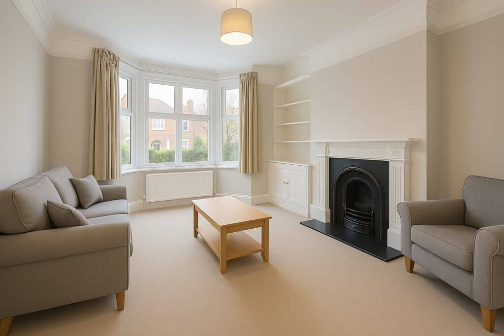 A bright living room with a bay window, beige carpet, grey sofa and armchair, wooden coffee table, built-in shelves, and a black fireplace with a white mantel.