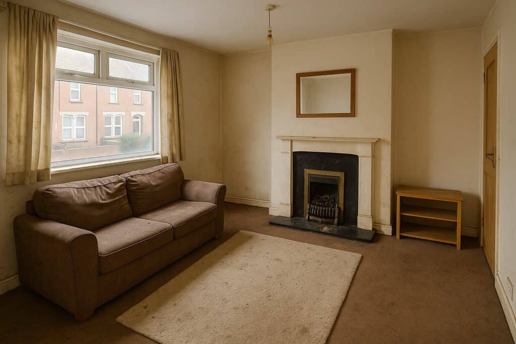A sparsely furnished living room with a brown sofa, beige carpet, fireplace with a mirror above, small wooden table, and window with cream curtains.