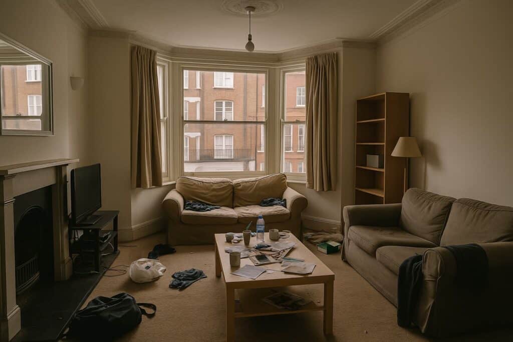 A living room with two sofas, a coffee table with scattered items, a TV, bookshelf, lamp, and large window with beige curtains overlooking an urban street.