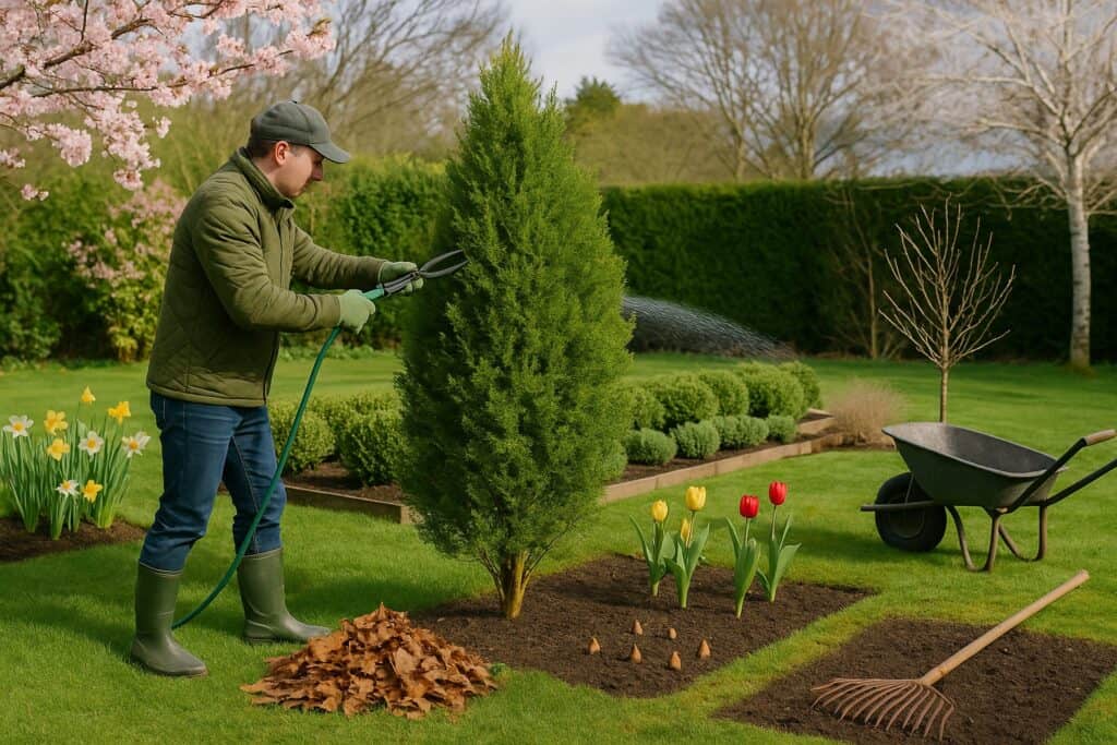 A person in gardening attire trims a conifer tree in a well-kept garden with tulips, daffodils, a wheelbarrow, rake, and a pile of leaves nearby.