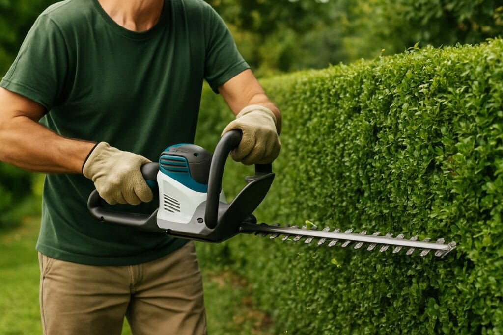 A person wearing gloves uses an electric hedge trimmer to trim a green hedge in a garden.