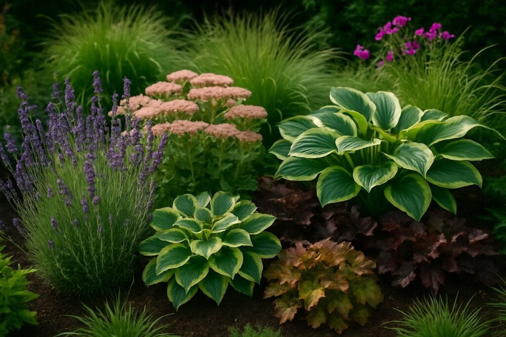 A garden bed with various leafy plants, including hostas with variegated leaves, ornamental grasses, pink flowers, and purple blooming lavender.