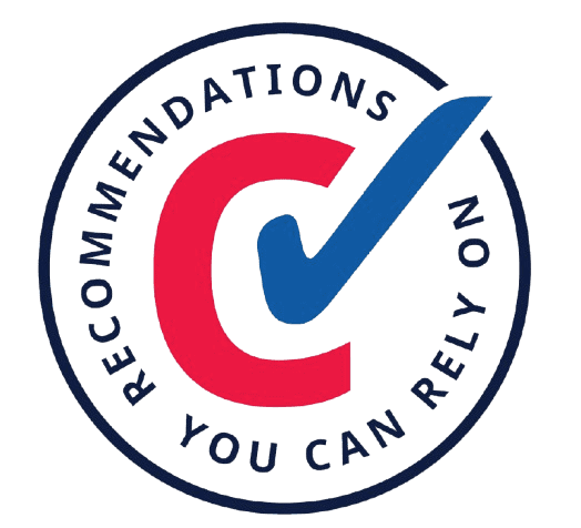 Circular logo with a large red "C" and a blue checkmark, surrounded by the words "Recommendations You Can Rely On.