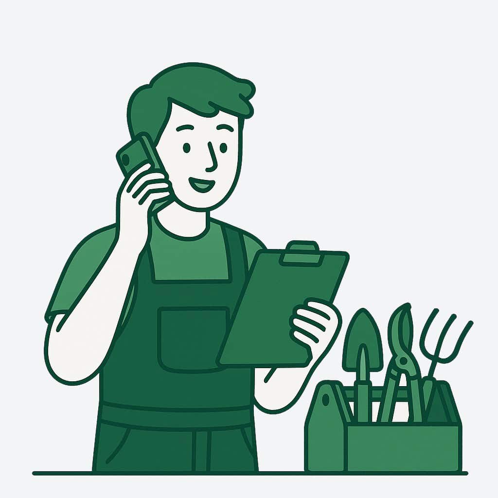 Illustration of a person in overalls talking on a phone while holding a clipboard, with gardening tools on a table in front of them.