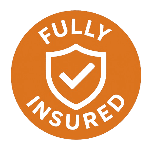 Orange circle with a black shield and checkmark icon in the center, and the words "FULLY INSURED" written above and below the shield.