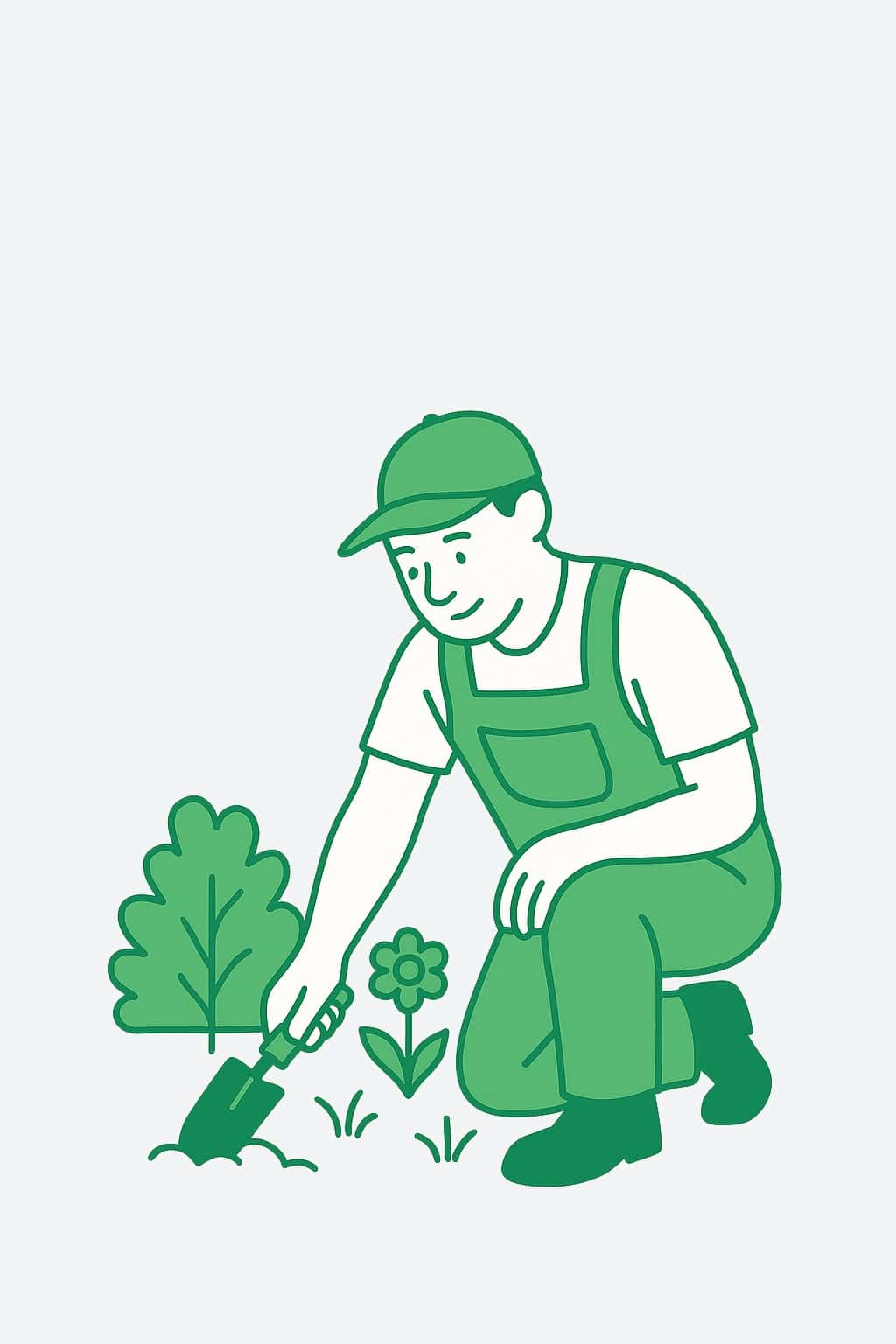 Illustration of a person in overalls and a cap kneeling on the ground and gardening with a trowel near a bush and a flower.