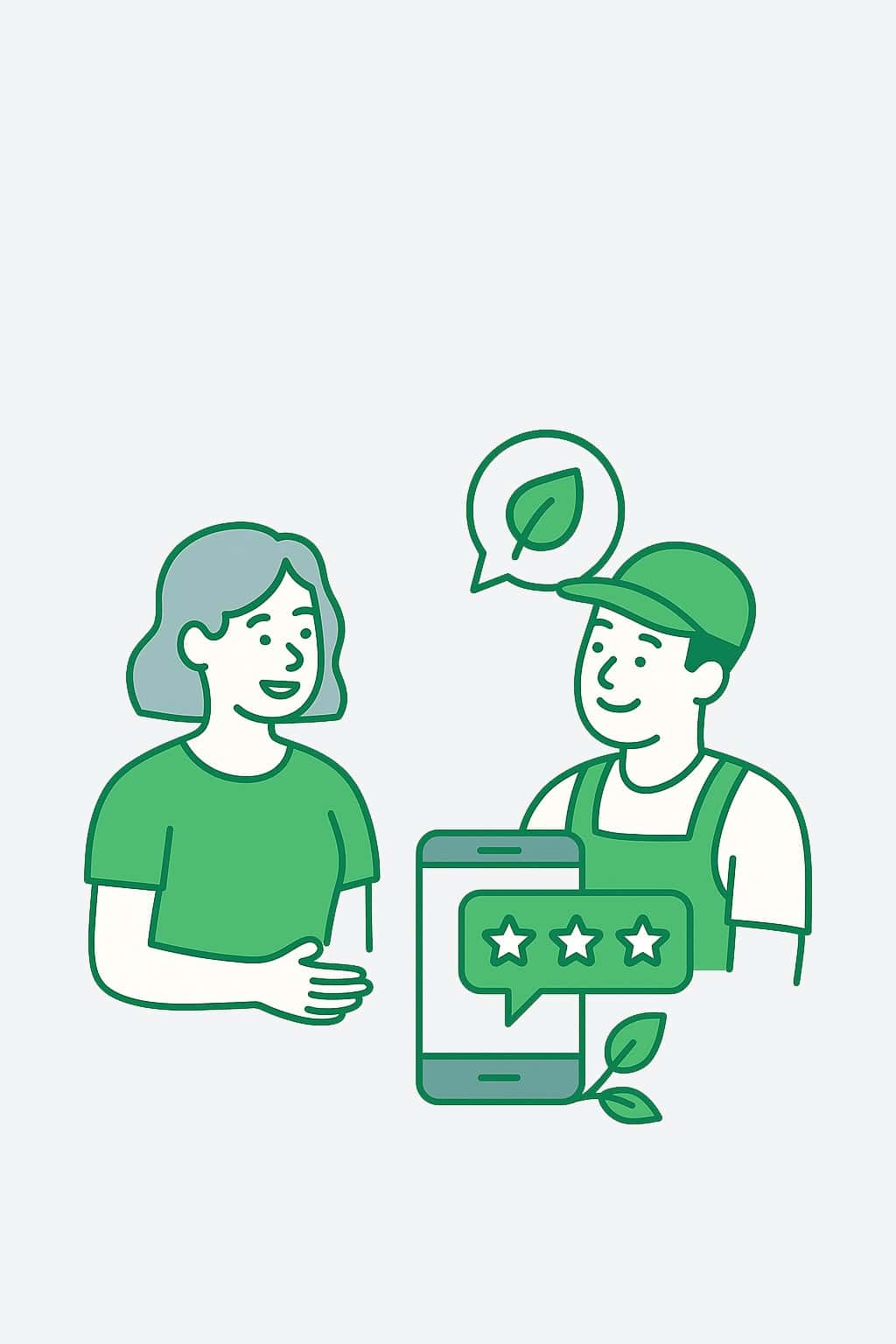 Illustration of a woman and a man talking; a smartphone shows a three-star review and a speech bubble with a leaf, suggesting a conversation about eco-friendly service.