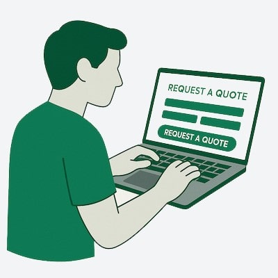 Illustration of a person using a laptop with a "Request a Quote" form displayed on the screen.
