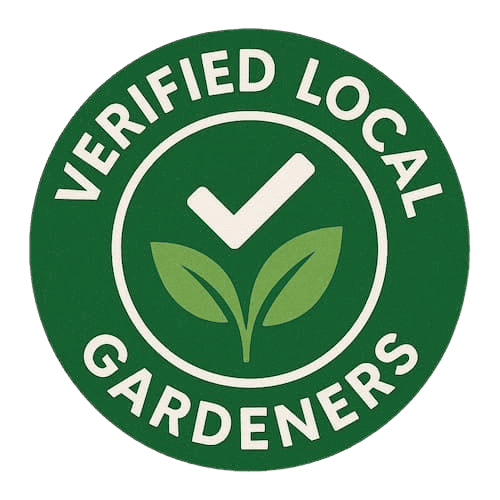 A green circular badge with the words "Verified Local Gardeners," a checkmark, and two green leaves in the center.