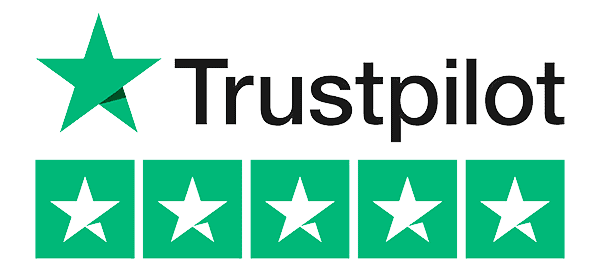 Trustpilot logo with five green stars, indicating a five-star rating.