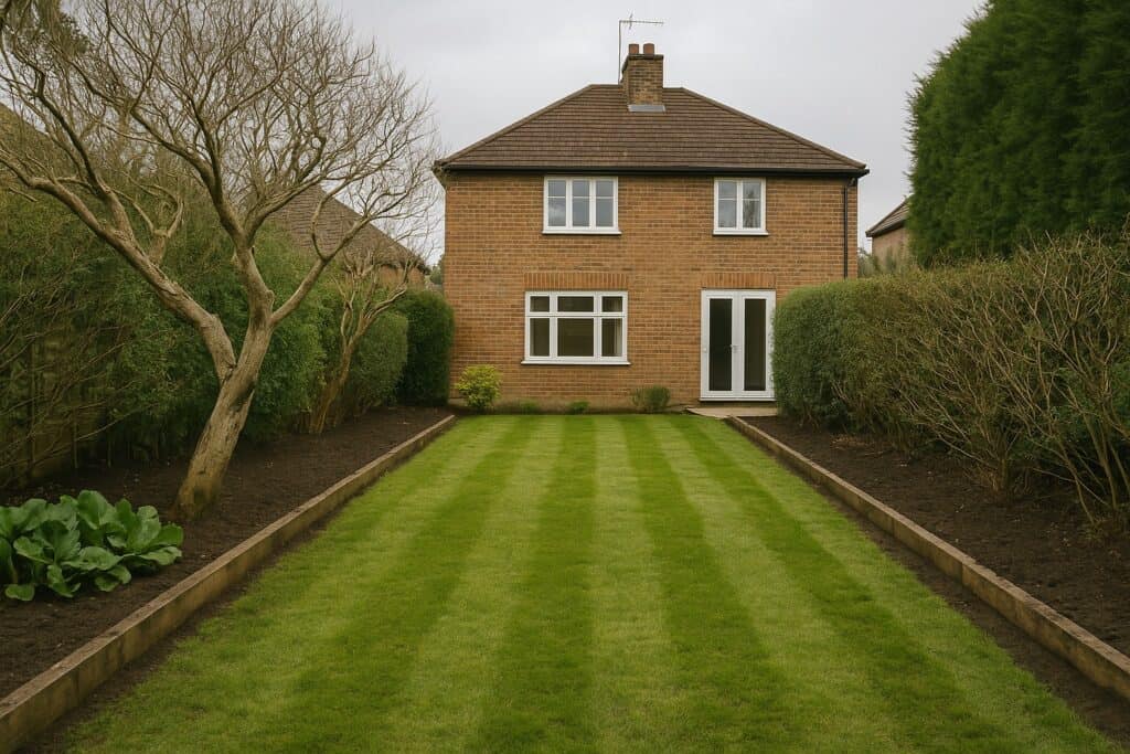 A brick house with white-framed windows and doors stands at the end of a neatly mowed striped lawn bordered by trimmed hedges and bare trees.