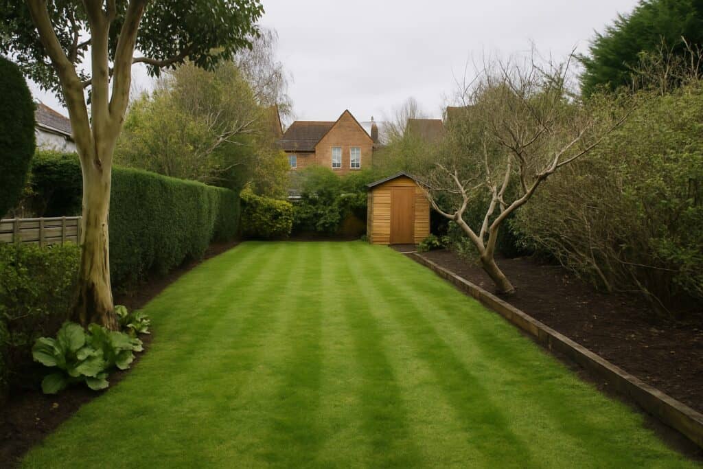A neatly mowed backyard lawn with striped grass, bordered by trees and hedges, and a small wooden shed at the far end near houses.