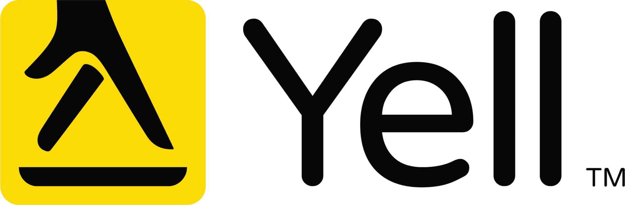 Yell logo featuring a yellow square with a stylized black hand and book icon, next to the word "Yell" in bold black letters.